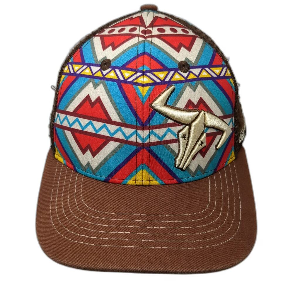 Go Left Apparel Co. Trucker Hat Brown OS Bull Skull Geometric Aztec Pattern
